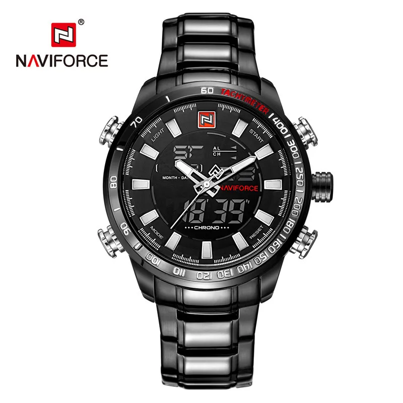 NAVIFORCE мужские военные Модные Черные Стальные кварцевые наручные часы мужские с двойным дисплеем водонепроницаемые мужские спортивные часы Relogio Masculino - Цвет: Black White