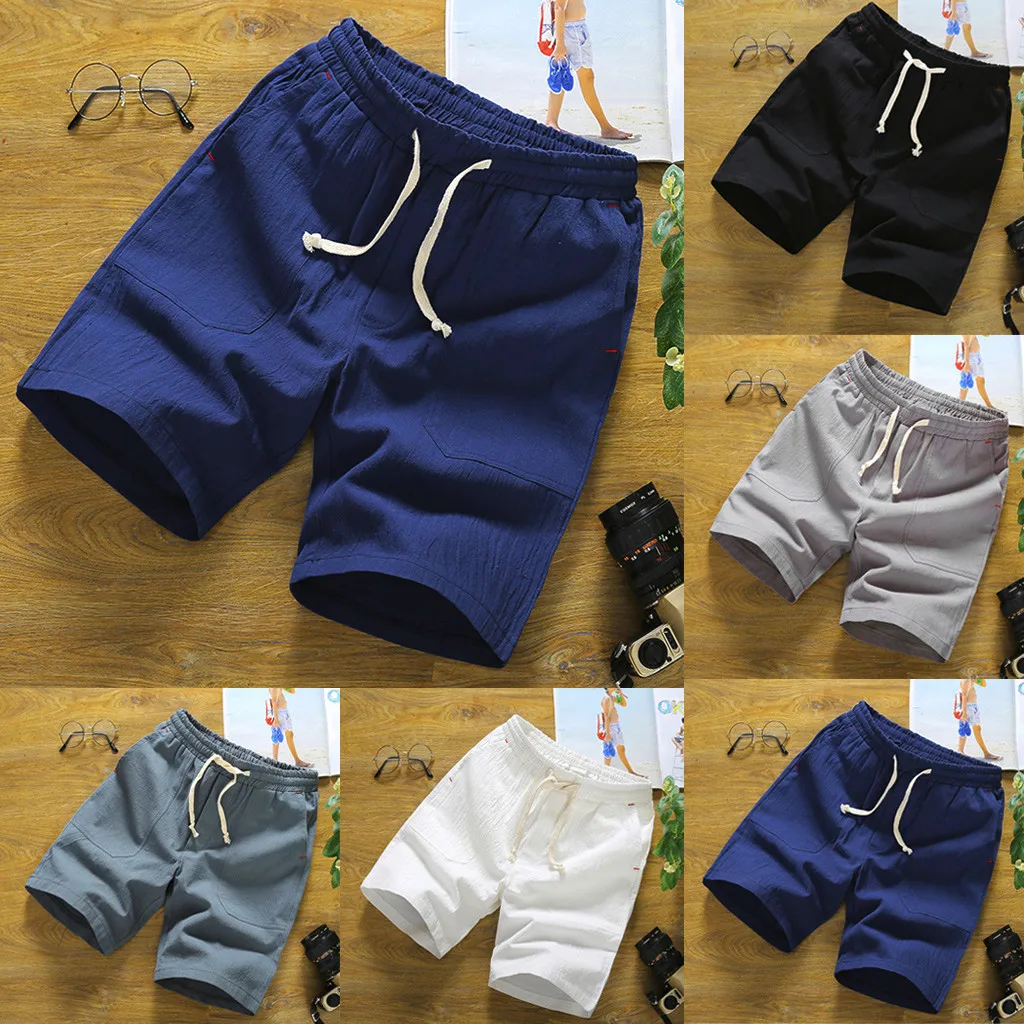 Мужские модные летние повседневные однотонные хлопковые льняные шорты с карманами и завязками