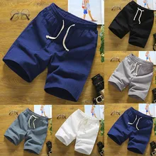 Мужские модные летние повседневные однотонные хлопковые льняные шорты с карманами и завязками