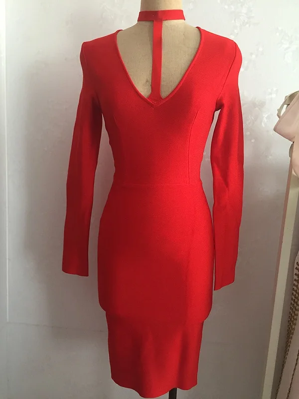 Сексуальное Бандажное платье с v-образным вырезом, облегающее платье с длинным рукавом, вечерние платья знаменитостей, Клубное платье, заводская цена, лидер продаж - Цвет: Красный