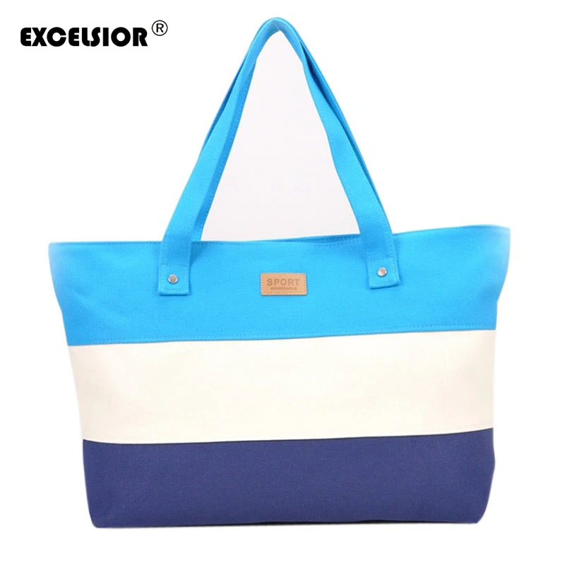 

EXCELSIOR 2016 Canvas Women Beach Bag Fashion Color Striped Lady Girls Zipper Handbags Shoulder Bag Casual Bolsa Shopping Bags