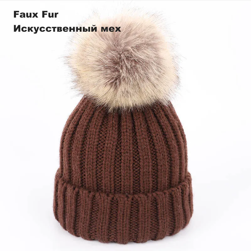 New Two Raccoon Fur pom poms Knit Beanie Hat Solid Color High Quality Winter Hat Boy Girl Thicken Hedging Cap Warm Baby Kids - Цвет: Coffee