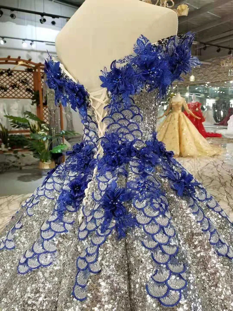 LS11088 Бальные блестящие платья для вечеринок женские синие цветы блестящие женские платья кривая форма пол длина вечернее платье с