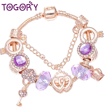 

TOGORY New Fashion Purple Crystal Key Beads Charm Bracelets & Bangles For Women Heart Brand Bracelet DIY Jewelry Femme