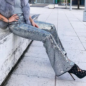

Sexy Sequins High Waist Casual Pants Women Fashion Side Zipper Flare Pants Streetwear Ladies Party Trousers