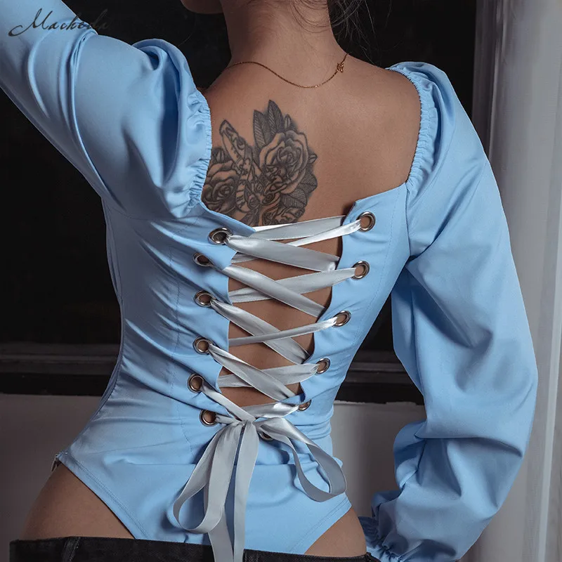 Skup Macheda koronka Up kombinezon bez pleców kobiet jednolity kolor, długi z długim rękawem kombinezon slim kwadratowy kołnierzyk Skinny body na co dzień 2018 nowy