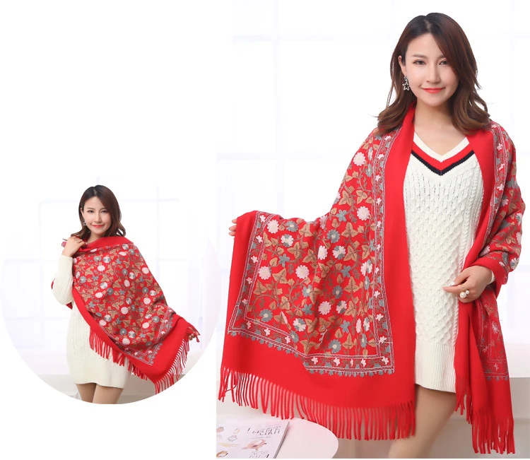 Винтажный женский цветочный шарф с вышивкой, утолщенный шарф в китайском этическом стиле в стиле ретро с цветочной окантовкой, шаль, теплый и мягкий