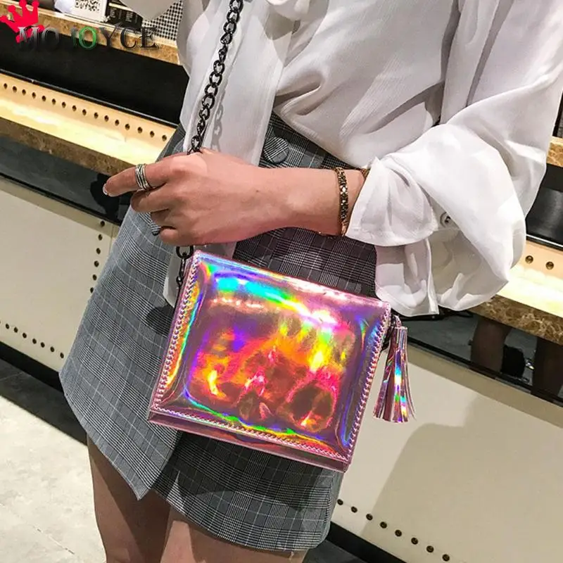 2019 New Hologram Laser Messenger Chain Bag Women Tassels Shoulder Crossbody Handbag Fashion Trend Wild Package Small Square Sac