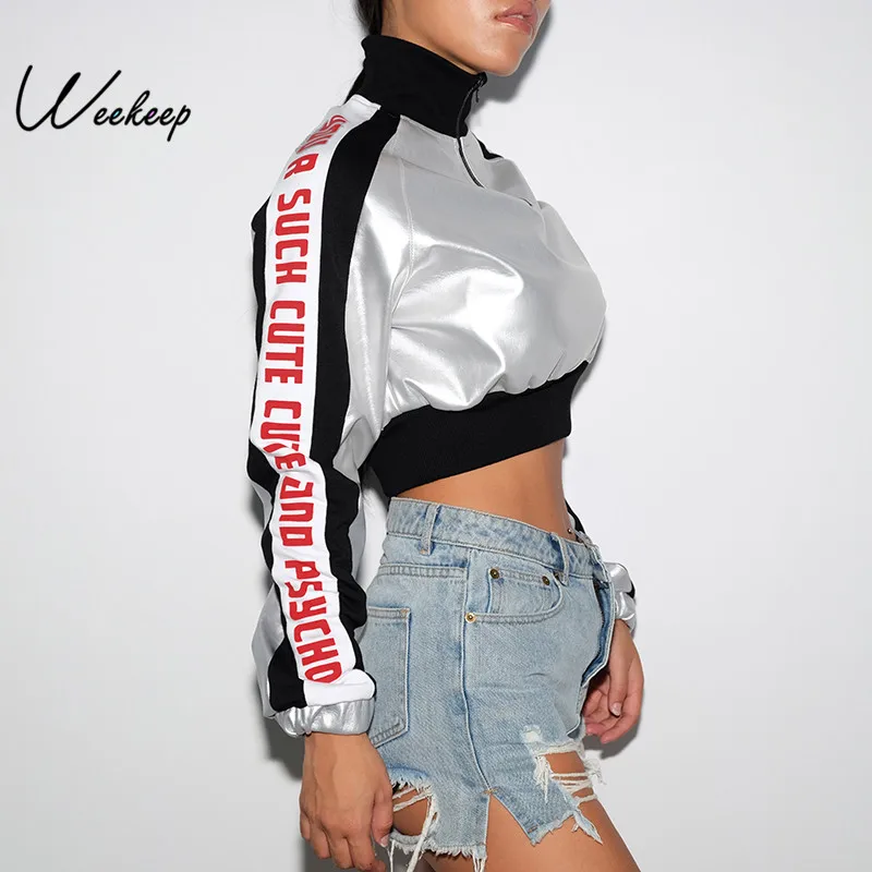 

Weekeep Women Turtleneck Patchwork Hoodies Spring Autumn Cropped Long Sleeve Sweatshirt Streetwear Letter Print Sweatshirt Tops