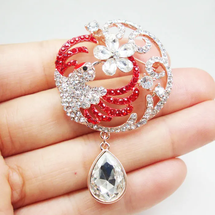 Red Austria Crystal Vintage Phoenix Bird Woman Brooch Pin Gold Tone