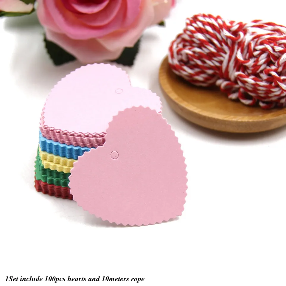 100 шт цветные бумажные бирки с веревочкой сердце любовь бумажные открытки этикетки DIY ремесла Висячие бирки упаковочные материалы для подарков Свадебные сувениры - Цвет: Многоцветный