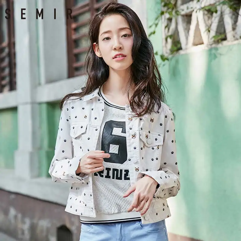 

SEMIR Jacket Womens Casual Jackets Ladies Color Block Turn-down Collar Long Sleeve Basic Jacket short Coat Outwear clothing