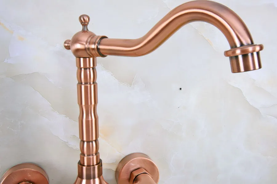 Antique Red Copper Brass Wall Mounted Bathroom Kitchen Sink Faucet Swivel Spout Mixer Tap Dual Ceramics Handles Levers anf948