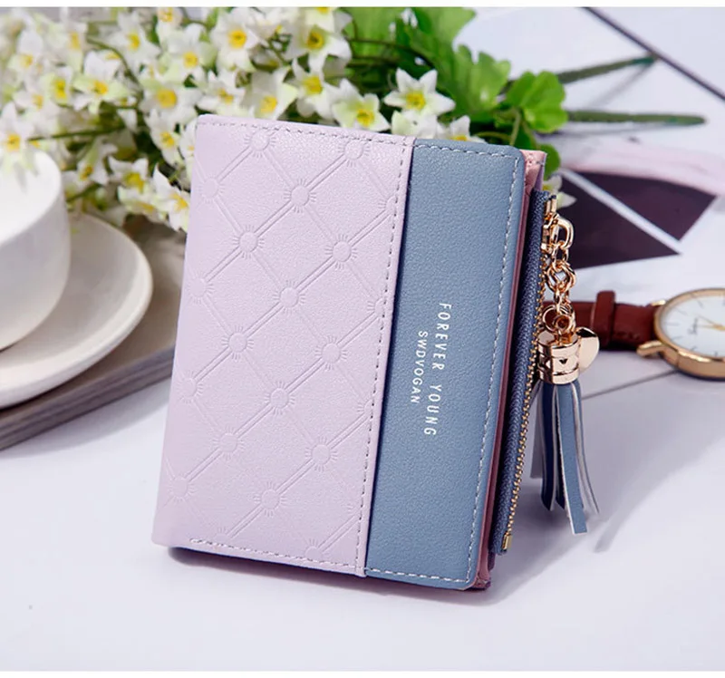 Women Wallet Female Short Paragraph Coin Purse Color Wallet Women Small Fold Wallets Tassel Zipper Button Bag Credit Card Holder (16)