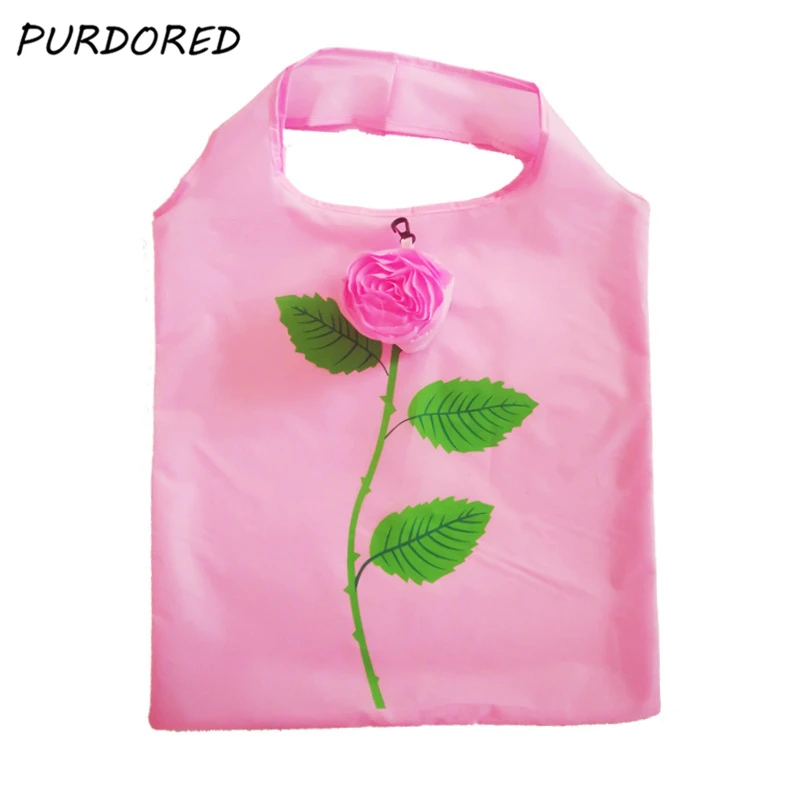 

PURDORED 1 pc Rose Flowers Shopping Bag Reusable Foldable Large Capacity Bag Women Solid Storage Bag Travel Grocery Tote