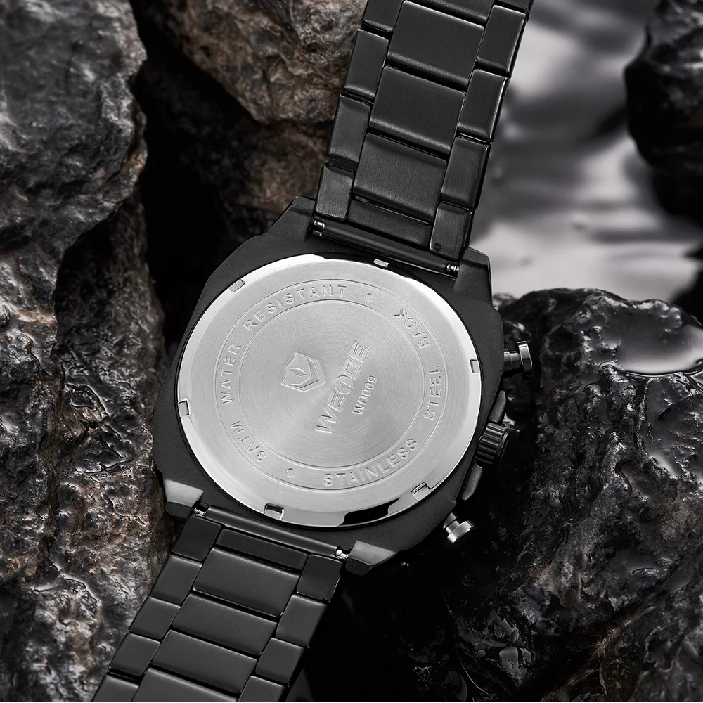 WEIDE оригинальные часы мужские черные все стальные хронограф кварцевые наручные