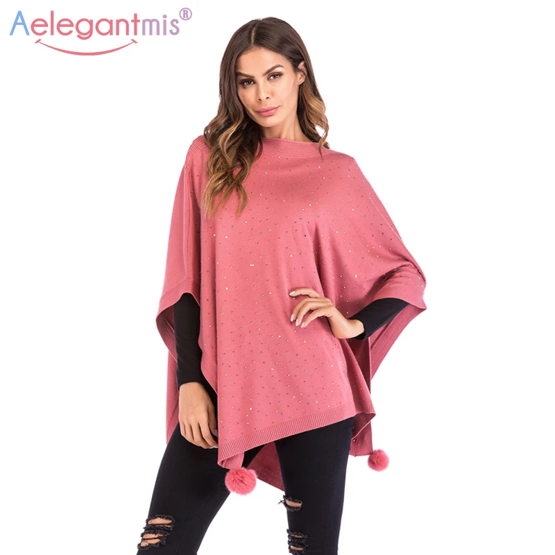 

Aelegantmis Autumn Winter Knitted Cloak Sweater Women Solid Diamante Oversized Loose Pullover Sleeve Ladies Plus Size Jumpers