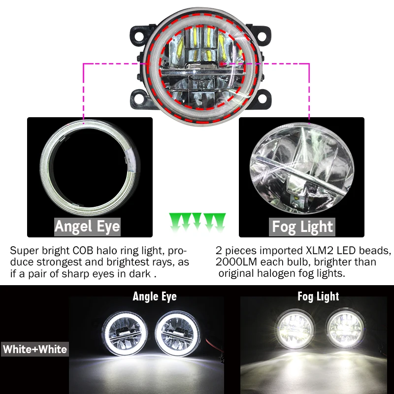  Cawanerl Car LED Lamp 4000LM Fog Light + Angel Eye DRL Daytime Running Light H11 12V Accessories Fo - 32993733472