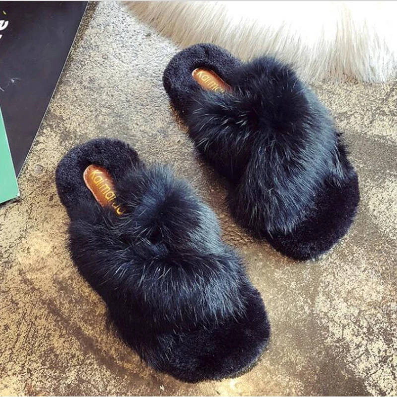 COOLSA Women's Fluffy Rabbit Fur Slippers Fashion Indoor Cross Fur Slides Casual Push Cotton Flip Flops Large Size Shoes