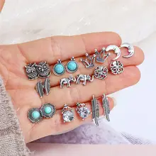 10 пар/лот Mix маленькие серьги серебряная Хрустальная корона Слон Сова Луна перо круглые серьги-гвоздики набор для женщин богемные украшения