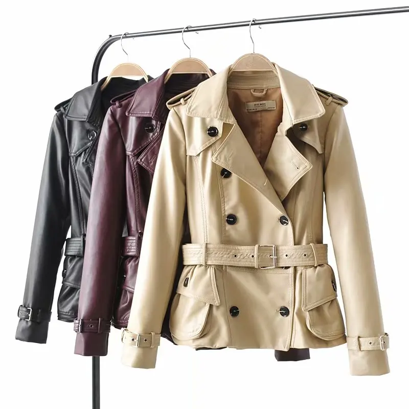 

Klacwaya shiny women PU leather jackets for office ladies fashion bomber coats belts girls black double-breasted outfits chic