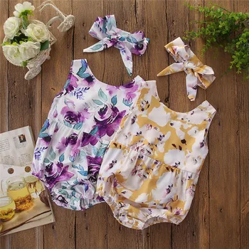 

2Pcs Flowers Baby Bodysuits Summer Newborn Girls Clothing Baby Climbing Suit Infant Jumpsuits Girl Clothes Bebe Headband Sets