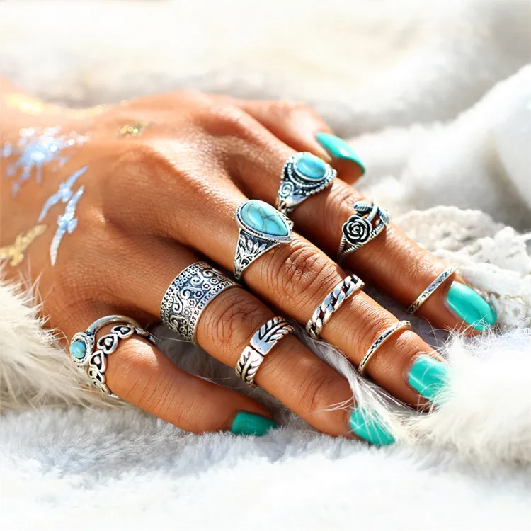 17 КМ Vintage 2 Цвет Розы Сердце Midi Кольцо Устанавливает Boho Пляж Anillos урожай Тибетский Цветок Костяшки Кольца для Женщин Человека кастет оружие Панк Ювелирные перстень Изделия кольцо женское кольца