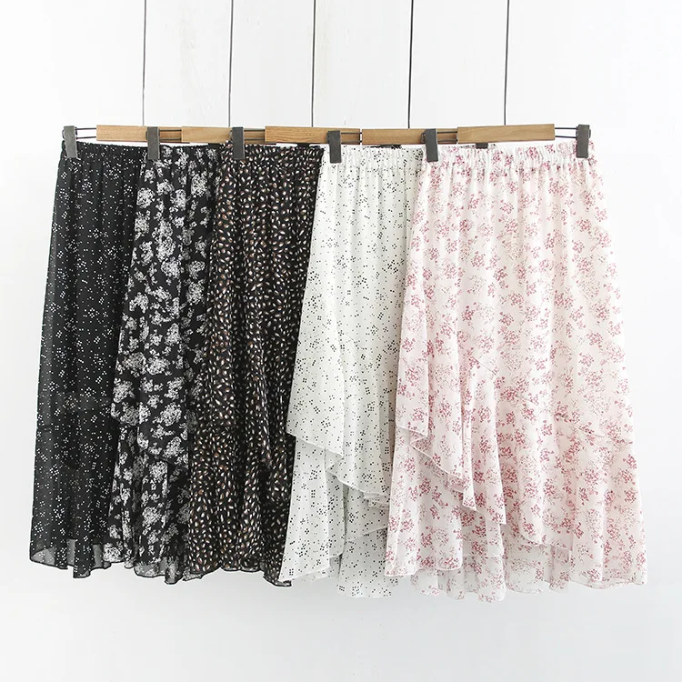 

2019 Plus Size Casual Summer Women Clothing Fashion Chiffon floral Asymmetry Skirts H8-x064