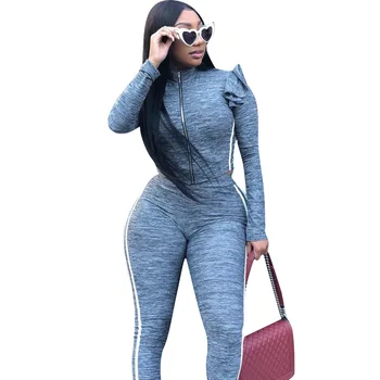

New Fashion Long Sleeve Zip Open Ruffles Shoulder Skinny Long Pants Sporting Two Pieces Women's Sets Suits Overall Romper LM9031