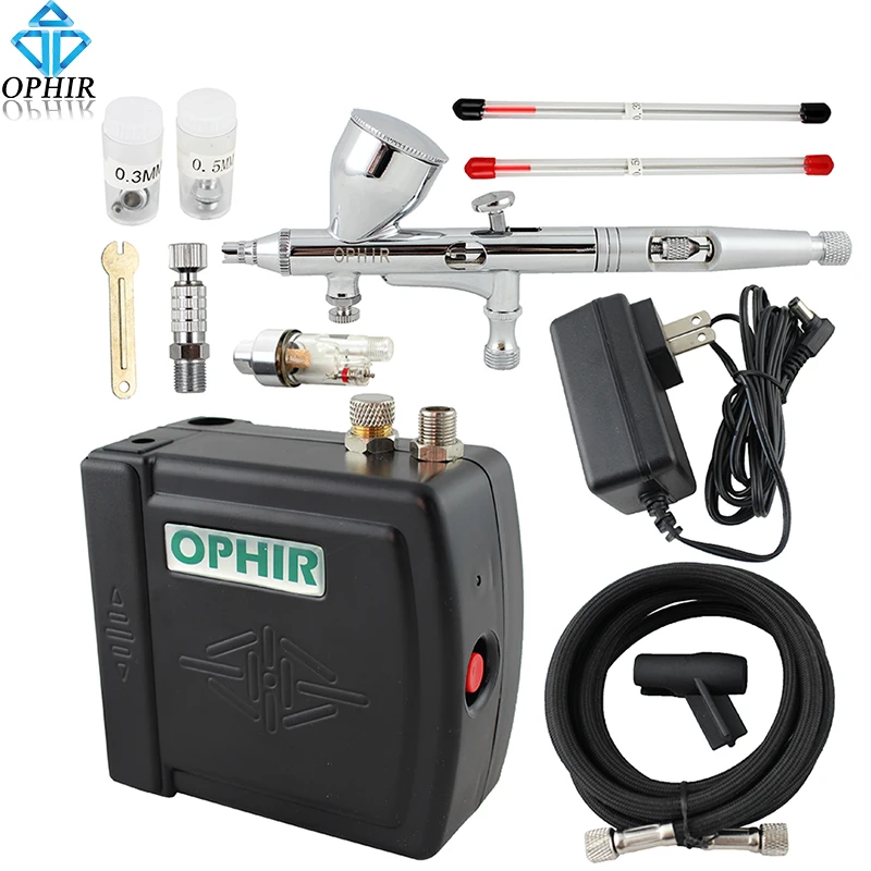 OPHIR Mini Airbrush Compressor Set PRO 3 Tips Dual Action Airbrush Kit for Nail Art Cake Decorating Makeup Hobby _AC003B+070+011