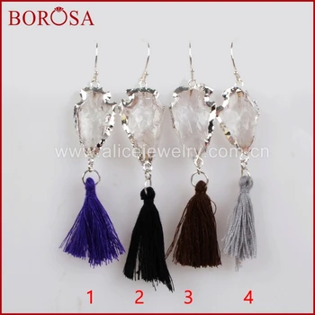 

BOROSA Silver Color Natural Quartz Arrowhead Rainbow Tassel Earrings, Druzy Crystal Tassel Drop Earrings Dangle Earrings S1236