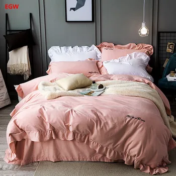 

Solid Color Duvet Cover Sheet Linen Pillowcase Set Khaki 100%cotton Ruffel Bedclothes Queen King Size Blue Purple Home Bedding