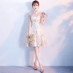 2019 новое платье в китайском стиле вечернее платье, пикантное кружевное короткое китайское национальное платье Для женщин Чонсам с цветами