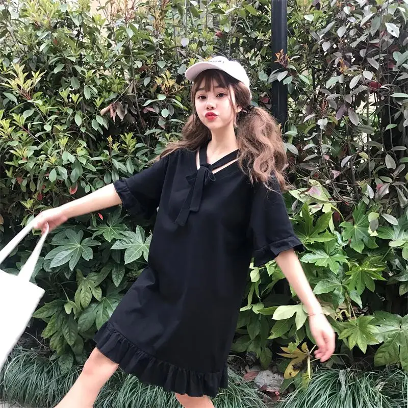 

2019 Women's Clothes Japan Kawaii Retro New Loose Student Retro Ruffled Dress Female Cute Korean Harajuku Dresses For Women