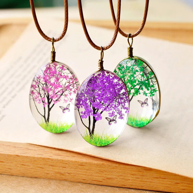 

2017 Hand Made Creative Jewelry Natural Dry Flowers Butterfly Life Tree 70 cm Long Pendants Necklaces For Women Girls Children