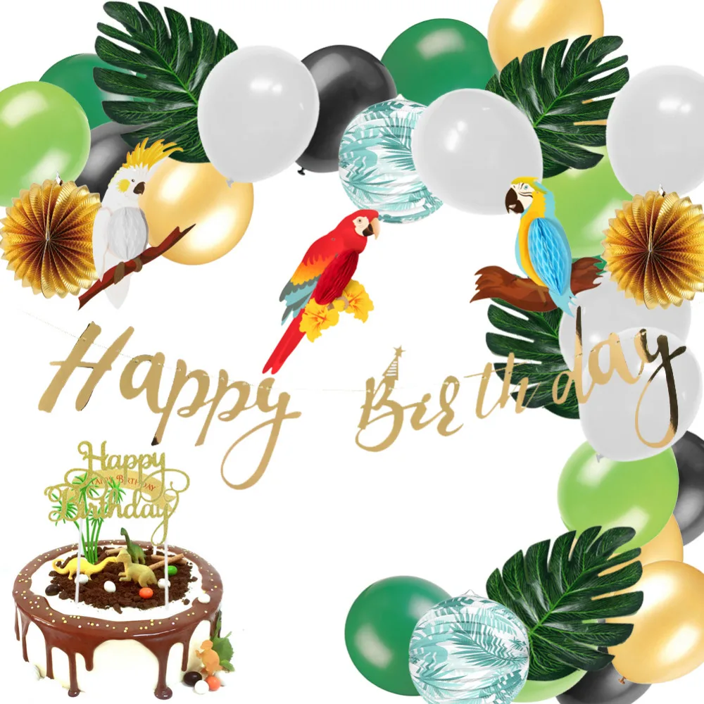 Ensemble De Decoration De Fete Jungle En Nid D Abeille Perroquet Banniere Joyeux Anniversaire Gateau Topper Feuilles De Palmier Papier Lanterne Ballons Safari Douche Aliexpress