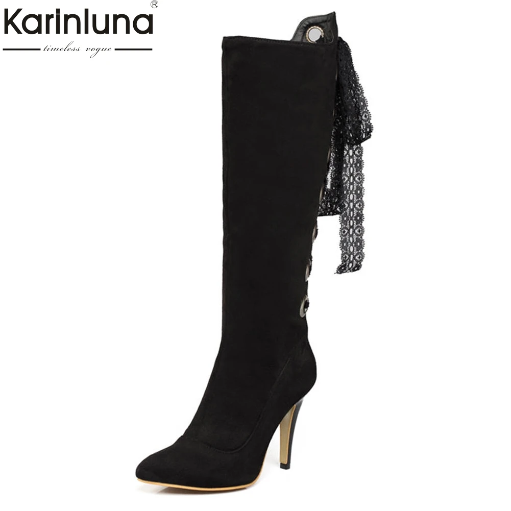 

KARINLUNA Brand Large Size 32-46 Thin High Heels Knot women's Shoes Woman Boots Fashion knee-high Boots Woman Party Boot