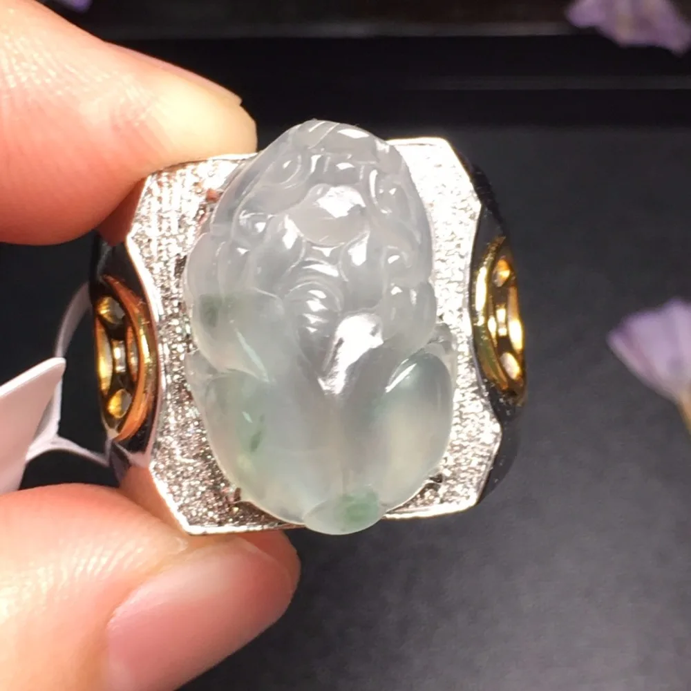 

Fine Jewelry Pure 18 K White Gold Real Natural Green Jade Burma Origin Wedding Engagement Male Rings for Men's Fine Ring