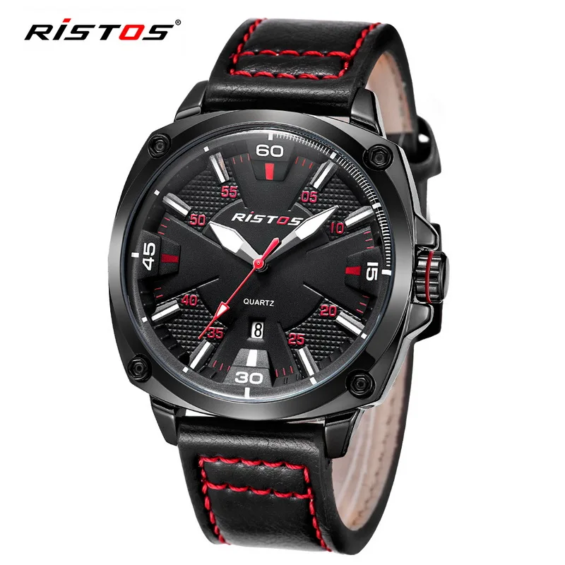 RISTOS мужские спортивные часы повседневные кварцевые из натуральной кожи Reloj Masculino