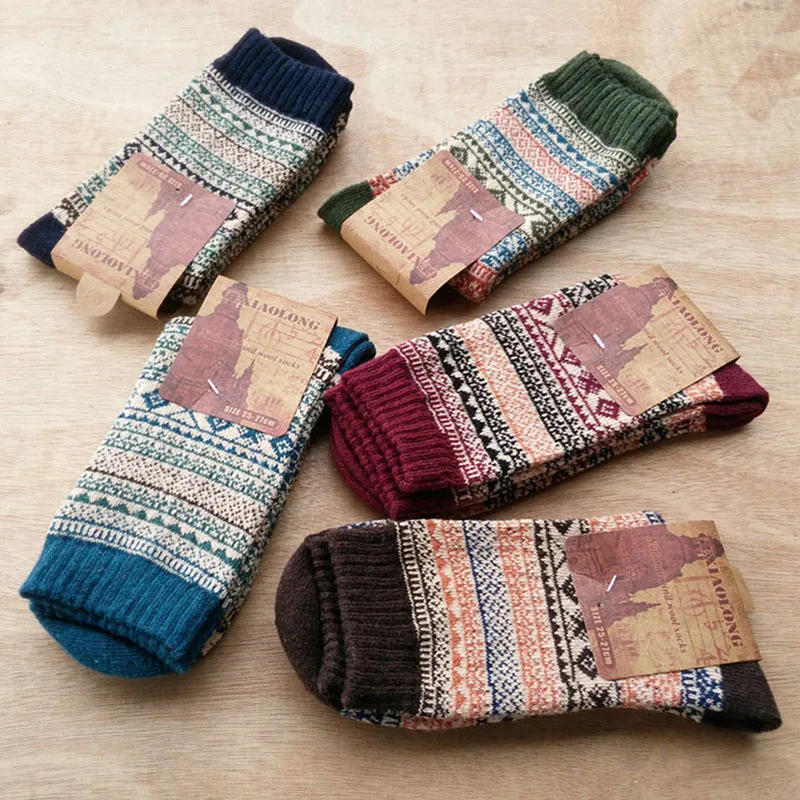 5 пар мужских носков, винтажные полосатые носки с тотемом, зимние теплые носки из мериносовой шерсти для подростков, толстые теплые носки из кроличьей шерсти для мужчин Meias