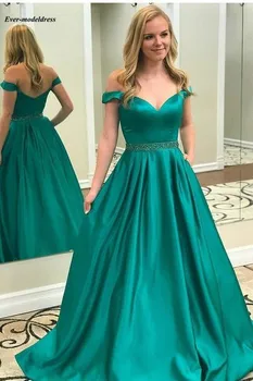 

Green Prom Dresses 2019 Off Shoulder With Beaded Belt Zipper Back Sweep Train A-Line Formal Party Gowns Vestidos De Festa Cheap