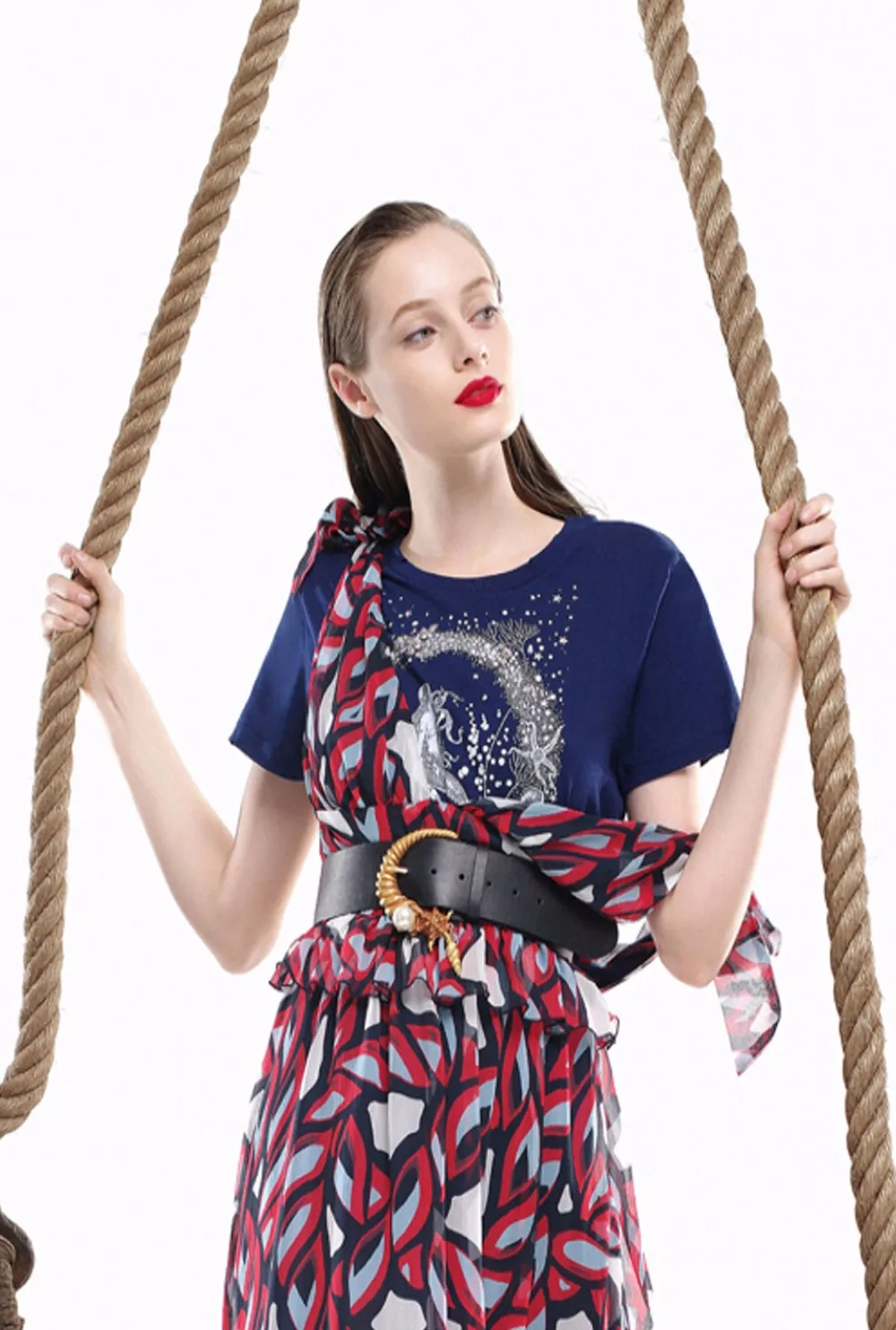

2018 summer new arrival women fashion O neck short sleeve Mermaid pattern beaded casual cotton T-shirts 3 colors