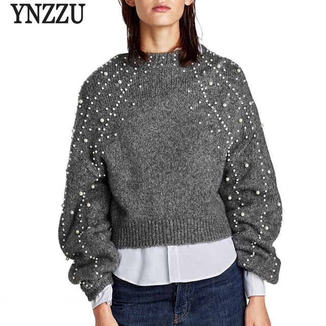 Grey Handmade Beaded Details Round Neck Long Sleeves Blouses