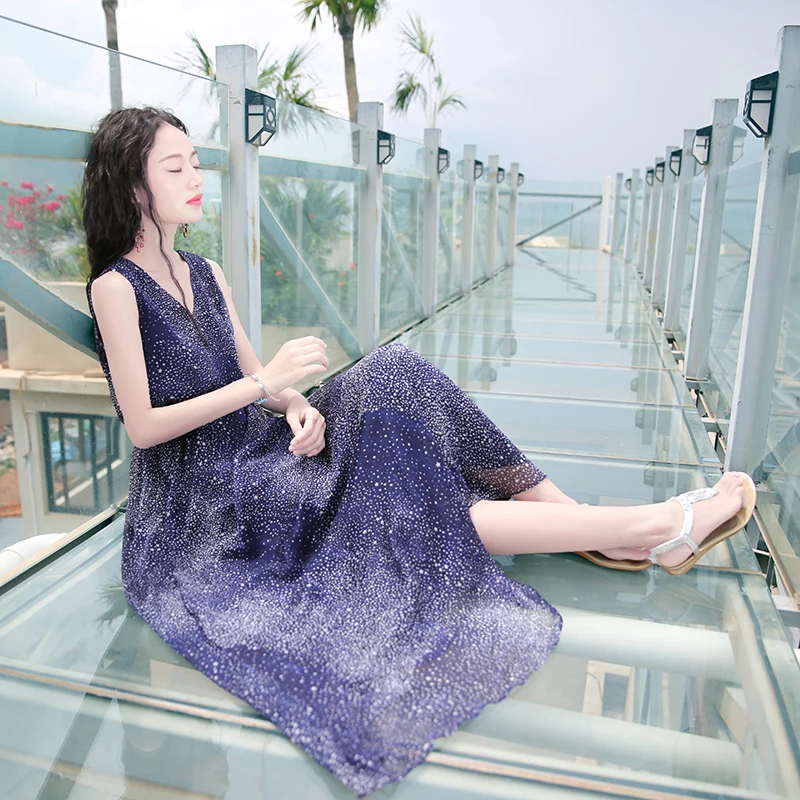 

New arrival 2017 summer womens sleeveless plus size chiffon long dress female blue starry print casual high waist beach dresses