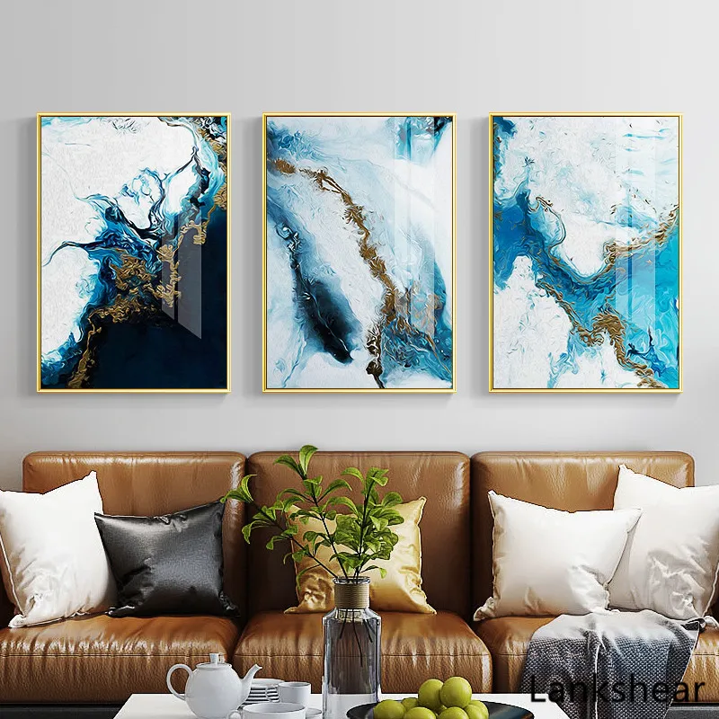 Nordic Abstract Color Spalsh Blue Golden Canvas Painting Poster And Print Unique Decor Wall Art Pictures For Living Room Bedroom