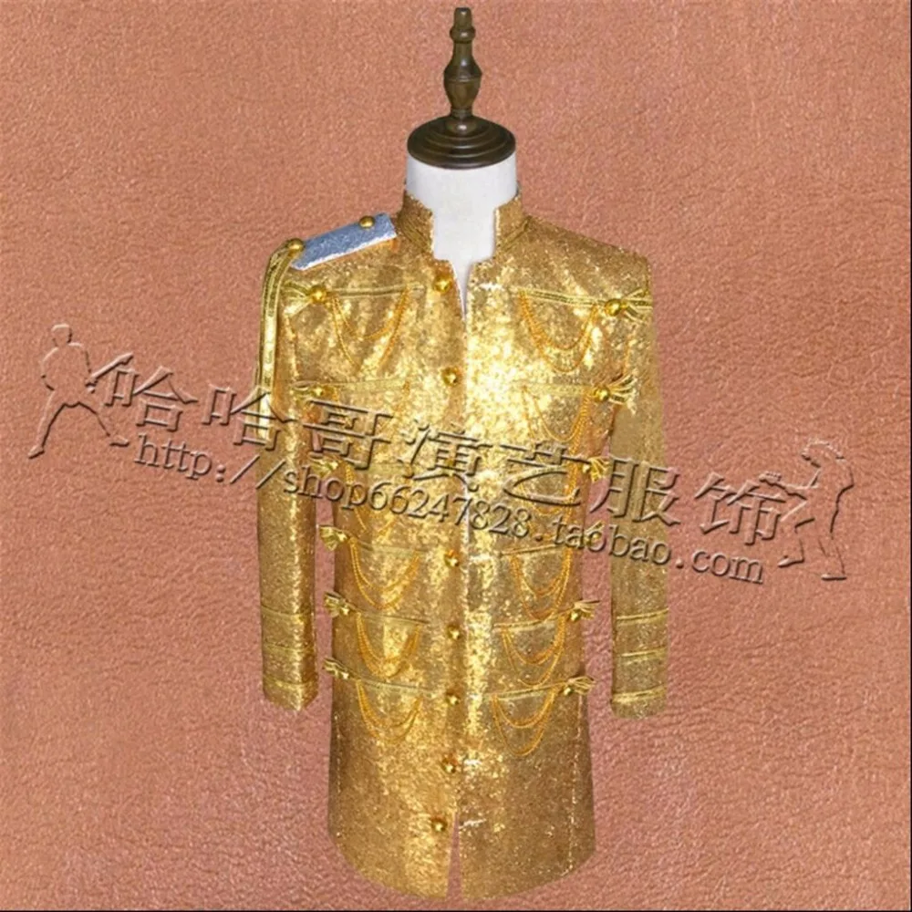 S-5XL Men performance clothing singer sequined windbreaker host trench gold long coat jacket DJ nightclub stage dancer costumes