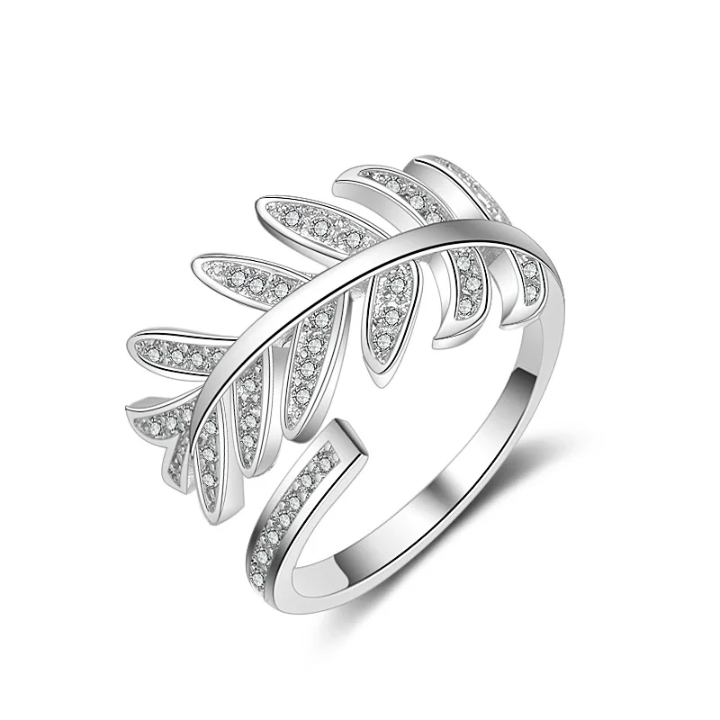 

New Adjustale Ring For Female African AAA+ White Cubic Zirconia Crystal Leaf Rings Charm Design