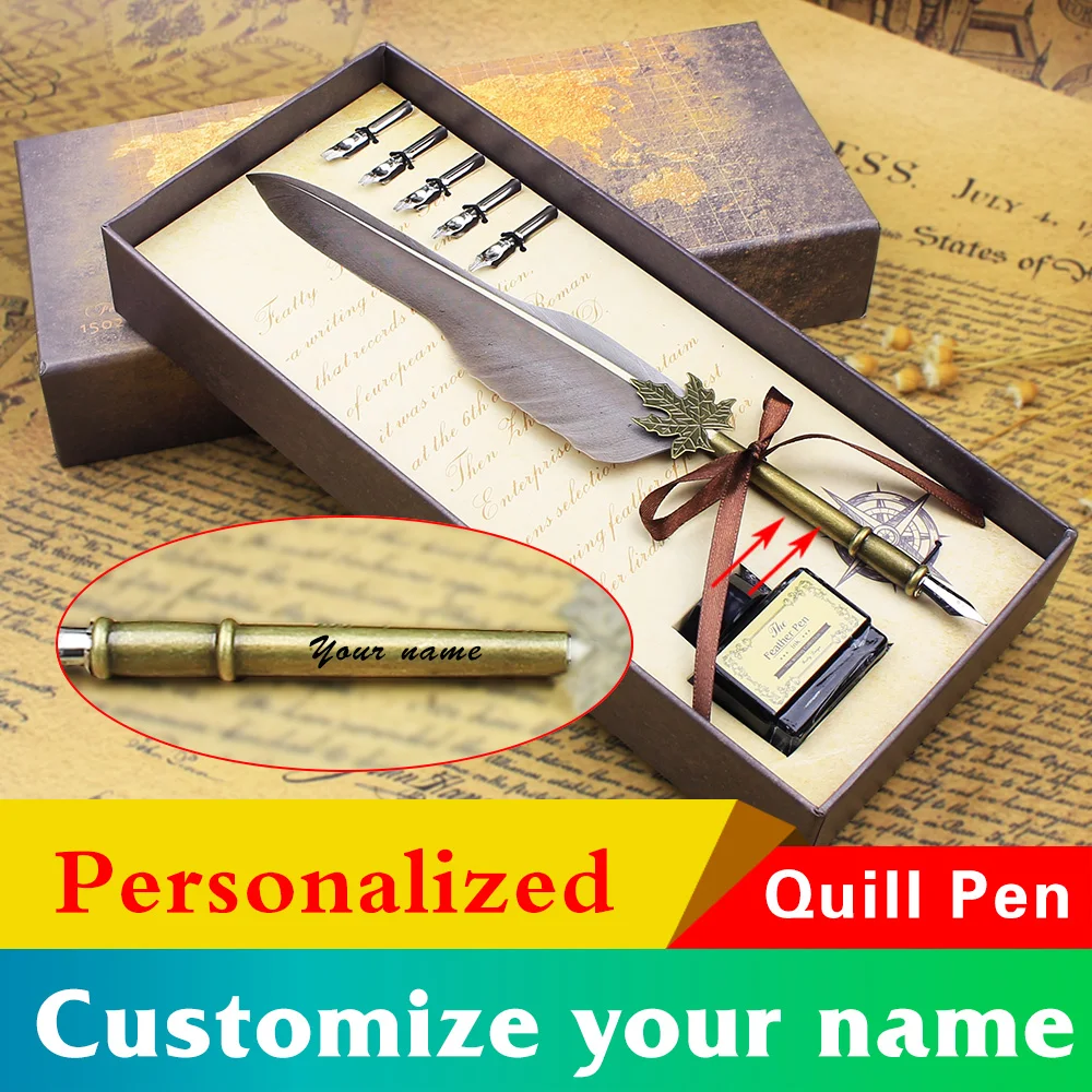 FEATTY Personalized Customize your name Russian English Calligraphy Feather Dip Pen Set Gift Box Wedding Fountain | Канцтовары для