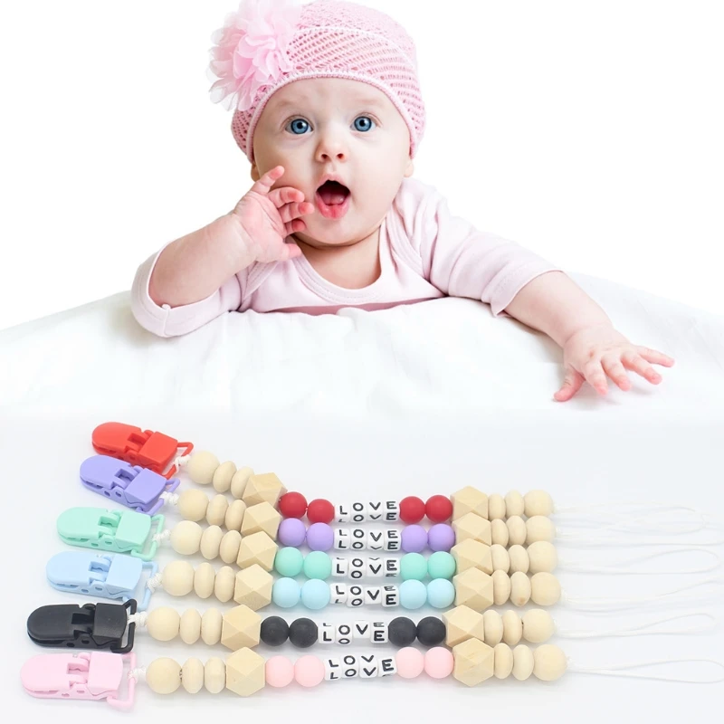 

Baby Nipple Clips Plastic Wooden Beads Teether Pacifier Infants Soother Holders