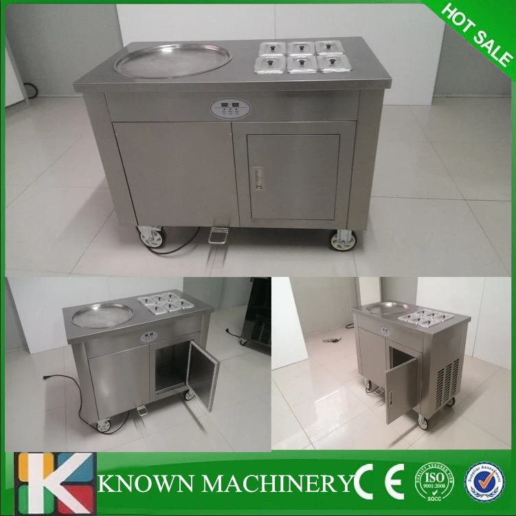 

R410 refrigerant single round pan with 6 cooling food tanks rolling roller fried fry ice cream machine
